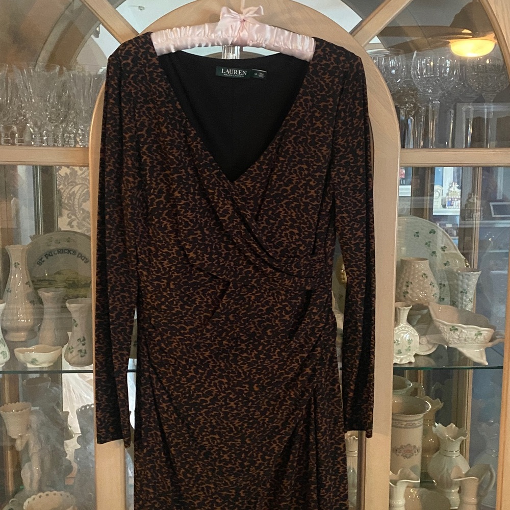 Ralph Lauren Dress Faux Wrap Ruched Surplice, leopard print, slip on.